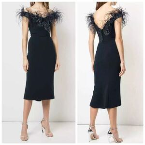 Marchesa Navy Blue Ostrich Feather Embroidered Off Shoulder Fluted Hem Dress